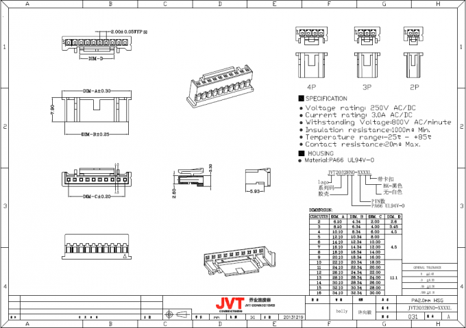 JVT PA 2.0 Mm Pitch Connector , Crimp Style Connector With Secure Locking Device