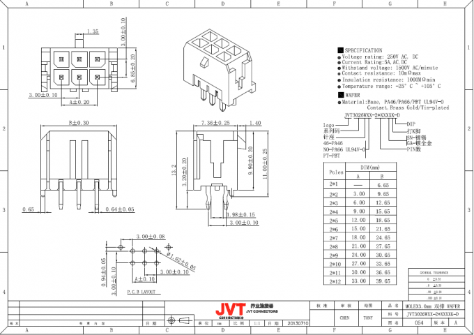 Equivalent Of Molex 3.0mm Micro - Fit DIP Wafer Connector Automotive Wire Connectors